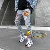 Denim Pants Graffiti Fire Flame Ripped Destroyed Holes Jeans Casual Trousers 211108