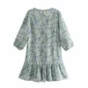 Women Printed Satin Dress V-neck Puff Sleeves Ruffled Hem Elegant Casual Chic Lady Fashion Vintage Woman Dresses 210709