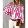 Kvinnors Blusar Skjortor Stripe Print Blus Kvinnor Toppar Sexig Av Skulder Chiffon Skjorta Kvinna Mode En Neck Lantern Sleeve Vintage Ladie