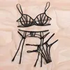 NXY Sexy Set 3Pcs Women Lingerie See Through Lace Spaghetti Strap Vest High Waist T Back Panty + Garters Belt with Choker Bodysuit40 1203