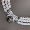 Hand knotted 3 rows 40-43cm 5-6mm white nearly round freshwater pearl bowknot micro inlay zircon necklace nechlace