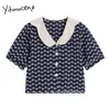 Yitimuceng Floral T Shirts Woman Button Up Tees Straight Office Lady Tops Solid Blue Summer Fashion Knitted Tshirts 210601