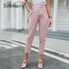 Sollinarry Office lady casual printemps crayon solide pantalons femmes mode femme basique pantalon élégant drapé fermeture à glissière bas bouton 210709