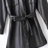 Aelegantmis Streetwear Lång PU Läderjacka Kvinnor Svart Faux Jackor Kvinnor Basic Pocket Coat Ladies Vintage OuterWear 210607