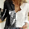 Frauen Casual Herbst Turn-down-Kragen geknöpfte Skelett Bluse Halloween Figur Print Colorblock Shirt 210225