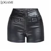 LOGAMI Hohe Taille Pu-Leder Shorts Frauen Reißverschluss Moto Biker Skinny Schwarz Sommer Herbst 210722