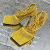 Sandalen Dames Vierkante Teen 9 cm 2021 Zomer Air Mesh Fishnet Strippy Sexy Stripper Hoge Hakken Bruiloft Bruiden Luxe Schoenen