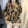 Kvinnors tröjor Kvinnor Heydress 2022 Leopardtröja Kvinnor O Neck Långärmad tröjor Vintage Loose Tops Korean Fashion Streetwear