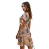 Boho Blumendruck Sommerkleid Frauen Sexy V-Ausschnitt Kurzarm Rüschen Strand Spitze Dekor A-Linie Midi Sommerkleid Robe Femme 210526