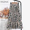 Tigena Leopar Baskı Uzun Maxi Pileli Etek Kadın Moda Yaz Kore Elastik Yüksek Bel Estetik Şifon Etek Kadın 210721