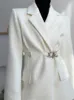 여성 화이트 모직 재킷 겨울 사무실 숙녀 우아한 옷깃 벨트 버클 양모 블레이저 코트 여성 210608
