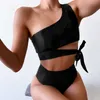 Sexy Bikini Frauen Hohe Taille Badeanzug Eine Schulter Bademode Bandeau Badeanzug Druck Strand Tragen Solide Biquini Set Weibliche 210625