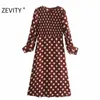 Zeefity Dames Vintage Lange Mouwen Polka Dot Print Een lijn Midi Dress Office Dame Chic Elastische Patchwork Casual Vestido DS4710 210603