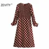 Zevity Women Vintage長袖ポルカドットプリントAラインMidiドレスオフィスレディシックな弾性パッチワークカジュアルvestido DS4710 210603