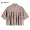 Yitimuceng Czerwona Plaid Bluzka Kobiety Vintage Kieszenie Przycisk Koszule Prosto Krótki Rękaw Summer Koreański Moda Topy 210601