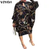 Plus Size Dresses Summer Dress VONDA Women Spring V Neck Pleated Ladies Bat Sleeve Vestidos Vintage Printed Knee-Length Robe