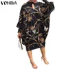 Vestidos Plus Size Vestido de Verão VONDA Feminino Primavera Decote em V Plissado Manga Morcego Vestidos Vintage Estampado Até o Joelho Robe