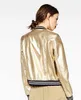 Spring Cool Fashion Gold PU Leather Jacket Female Bomber Coat Stand Collar Striped Patchwork Silver Women's Jackets Streetwear 210914