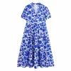 Lato Kwiatowa Niebieska Sukienka Kobiety V-Neck Krótkie Rękawy Puff Rocznika Maxi Sukienka Kobiety Robe 210709