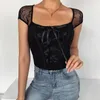 Instahot Lace Splice Camiseta Sem Mangas Mulheres Crop Top Verão Sexy Atadura Bodycon T Shirt Casual Gothic Streetwear Tee Top 210310