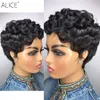 2021 New Black Color Curto Curly Bob Pixie Corte Nenhum Rendas dianteiro peruca peruca de cabelo humano com franja para mulheres negras Remy Indian