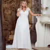 Vintage Długie Szyfonowe Suknie ślubne Boho Suknie Ślubne Cap Sleeve V-Neck Appliue Pleys Vestidos De Novia Plus Size