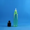 100セット/ロット25ml 0.8オンスユニコーングリーンプラスチックドロッパーボトル子供抵抗性改ざん安全キャップロングシンニップルチップダブルセーフストアジュース液体オイルフラックス25 ml