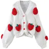 Novo design moda feminina luxo feito à mão crochê padrão morango lã grossa malha curta casaco solto casaco cardigã
