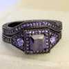 Bröllopsringar Creative Fashion Jewelry Princess Cut Purple Zircon Stone Black Filled Ring Set Anniversary7124538