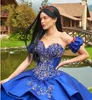 Glitter Plus Size Ball Gown Quinceanera Abiti Off Shouder Senza spalline blu reale Appliqued Lace-up corsetto Principessa in rilievo Abiti da spettacolo formale
