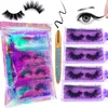 3D Faux Mink Eyelash Magic Eyeliner Glue Pen Kit 4 Pack Soft Natural Lashes Extension Faux Cils Réutilisables avec Liquide Imperméable Auto-adhésif Eyeliners Stylos