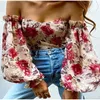 Dames T-shirt Dames Off Shoulder Corset Bustiers Tops Sexy Frill Long Lantern Sleeve Floral T-shirts Chique Zomer Herfst Low Cut Strapless