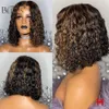 180% Brazilian Short Wig Highlight Colored Curly Bob Pre Plucked Bleached Knots Synthetic Wigs Simulation Human Hair