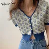 Yitimuceng Knited Women Sweaters Floral Button Up Slim Open Stitch Short Sleeve Summer Korean Fashion Blue Orange Tops 210601