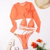 Damenbadebekleidung 2021 Mode Frauen Bikini 3 Stück Set Cover Ups für High Cut Sommerkleidung Bottoms Strand Badeanzug mit Ärmeln