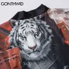 Gonthwid Quimono Cardigan Casacos Camisas Homens Harajuku Casual Tiger Chama Cópia Camisa Jaqueta Streetwear Loose Hip Hop Fashion Tops C0315