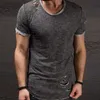Fashion Summer Ripped Clothes Men Tee Hole Solid T-Shirt Slim Fit O Neck Short Sleeve Muscle Casual Jersey Tops T Shirts 210716