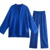 Aonibeier Za Woman Casual Traf Outfits Female Thin Style Summer Loose Shirt + Long Pants Suits Royal Blue 2 Piece Sets 211126