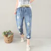 Japanse Mori Girl Sweet Flower Borduurwerk Demin Broek Dames Vintage Elastische Taille Gat Vrouwelijke Vestido Calf-length Jeans U208 Q0801