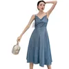 Women A-line Sleeveless V-neck Spaghetti Strap Dress Slim Blue Color Fit Fashion Summer Arrivals 2H044 210526