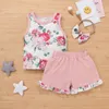 Baby Girls Shorts Suits Infant Floral Vest Toddler Flower Printed Tops Elastic Splice Lace Shorts Kids Casual Outfits med huvudband