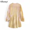 KlKXMYT ZA Women Fashion Tiedye Gedrukte ruches Playsuits Femme Loose Long Sleeve V Neck Casual Chic Beach Rompers 210527