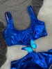 Novo conjunto de biquíni de couro feminino, roupa de banho com almofada de hardware, preto, azul, trajes de banho rápidos, almofada sexy, tags240a