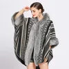 Мода имитация кролика меховой воротник с капюшоном вязаный мыс Femme осень зима серый большой плащ роскошный бренд шаль Poncho EURWWEAR H0923
