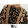 TRAF Women Fashion Leopard Patroon Losse Gebreide Cardigan Sweater Vintage Lantern Mouw Vrouwelijke Bovenkleding Chic Tops 210810