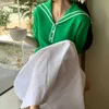 コレヒパアの女性Tシャツ夏の韓国シックな年齢 - 軽減ネイビーカラートリム3ボタンルーズゆるく薄い半袖ニットトップ210526