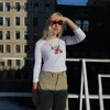 Tryckt bomull Comfy Womens T-shirt långärmad söt casual streetwear skörd topp mager skjorta flicka söta chic tees harajuku