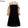 Nbpm Women Sexy Fashion With See Through Butterfly Sleeve Women's Dress Bow Single Breasted Mesh Vestidos Mujer Party Chic 210529