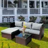 屋外の断面のソファのパティオの座席5個の部分の家具すべての天気マニュアル編み細工品籐のパティオクッションとガラステーブルアーティブ16 A49