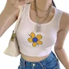 Camiseta de mujer, camisola con bordado de flores de verano para niñas, estilo de ocio para mujeres, Top Sexy con cuello en U sin mangas, Top ajustado para ir de compras